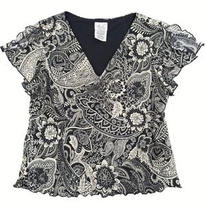 Y2K Whimsigoth Floral Shirt Womens XL Blk Paisley Short Ruffle Sleeve‎ Fairy Vtg